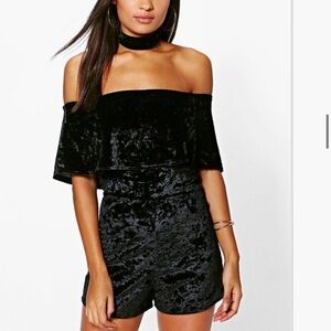 NWT Black off the shoulder velvet romper​​​